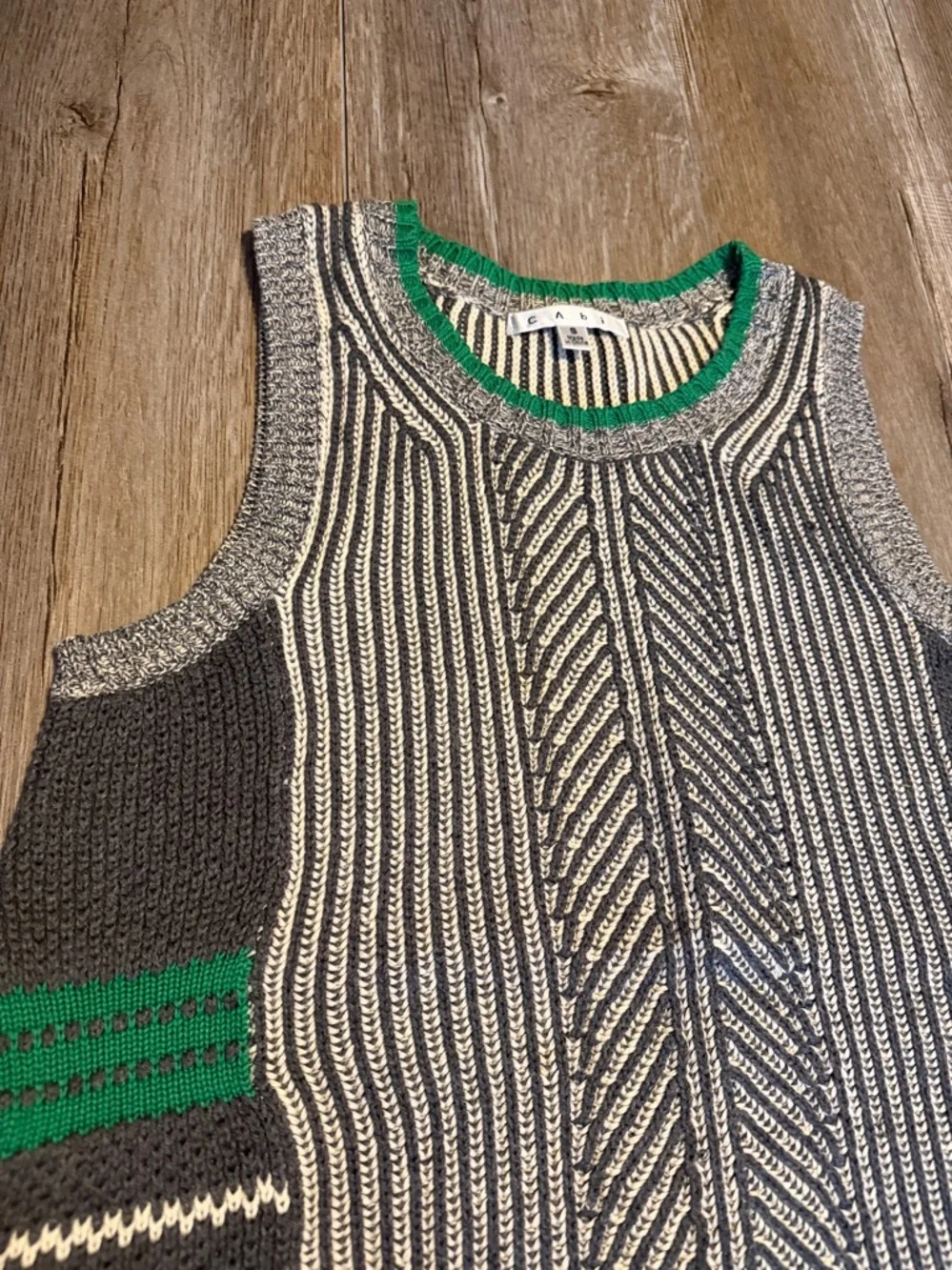 CAbi Striped Knit Sleeveless Pullover in Black, White & Green